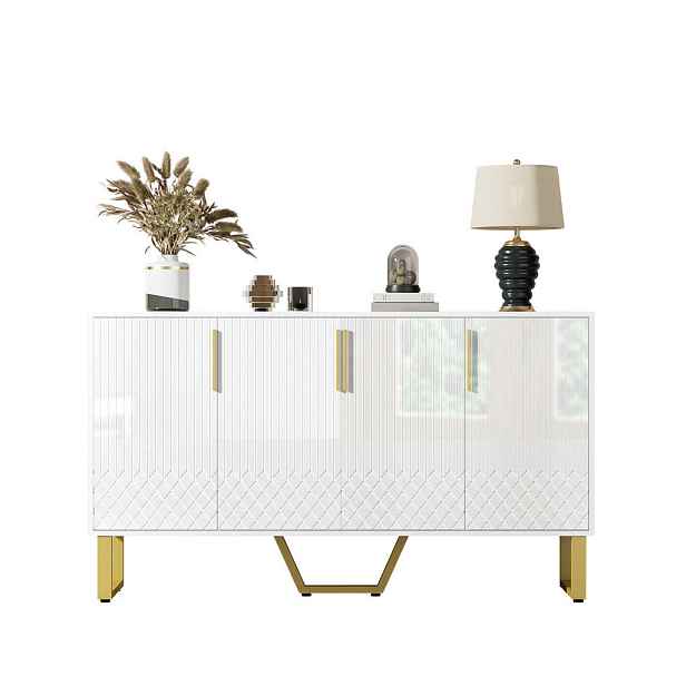 Redom SIDEBOARD 140/40/80 cm s vysokým leskem, geometrickým vzorem a kovovými nohami a úchyty, Bílá