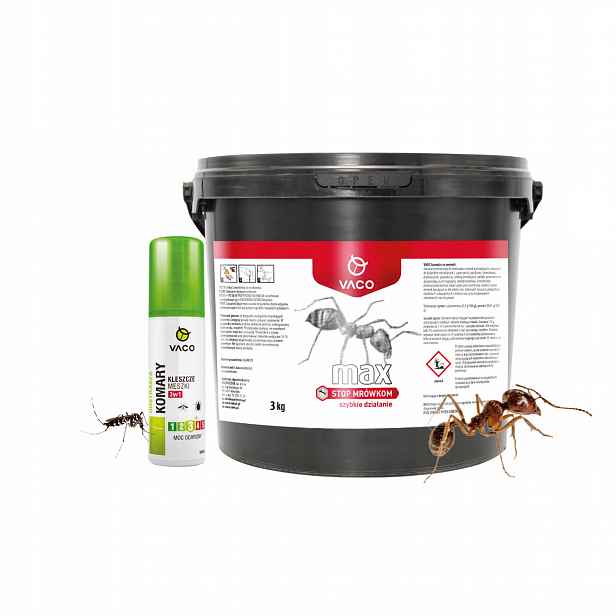 Sada prášek proti mravencům 3 kg Tekutina na komáry Klíšťata Deet 100 ml Vaco Max