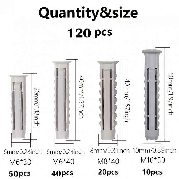 TEMU Sada 120 ks šedých plastových expanzních kotev, 6mm/8mm/10mm – Směs velikostí, čtyřcestné expanzní trubky, univerzální víceúčelové velké balení,