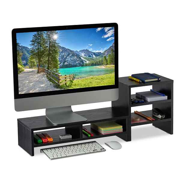 Relaxdays STOJAN NA MONITOR Černý 2dílná sada s organizérem