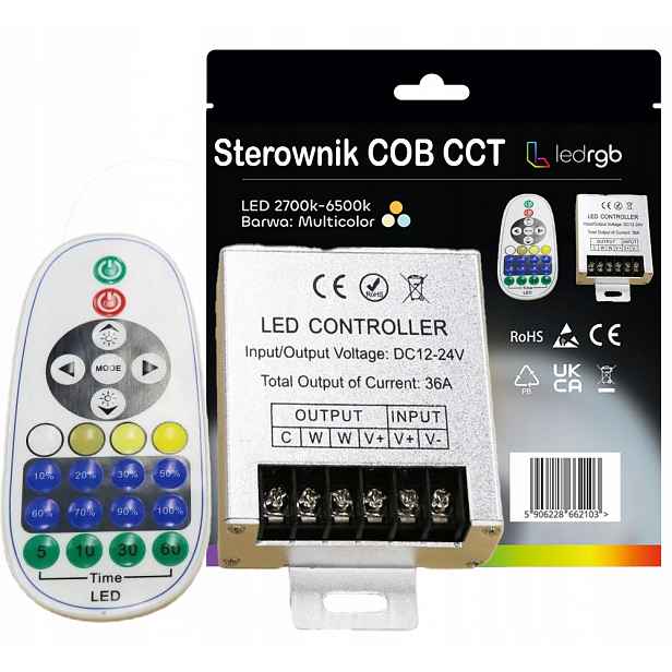 Ovladač/stmívač pro Led Pásky Cob Cct +Dálkový Ovladač 36A DC 12V/24V až 360W