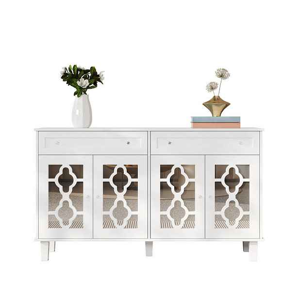 Redom SIDEBOARD 140/40/83 cm se čtyřmi zrcadlovými dvířky, nastavitelnou policí a zásuvkami, Bílá