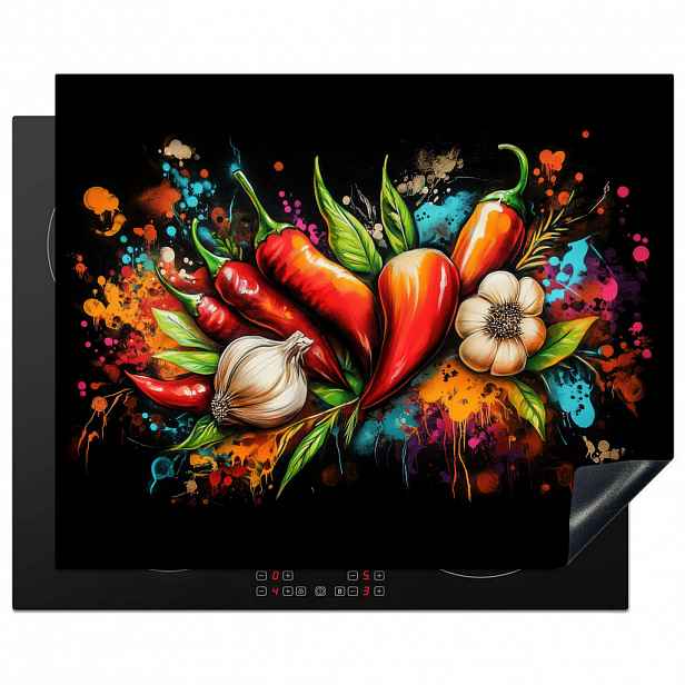 MuchoWow KRYT NA INDUKČNÍ DESKU Zelenina - paprika - česnek - graffiti - barva - barevné 65x52 cm