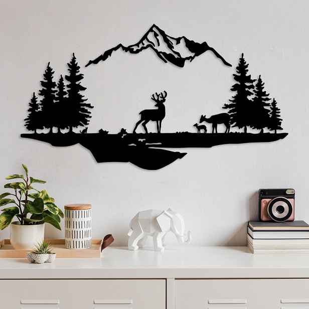 Wallity Nástěnná kovová dekorace Deer And Landscape 1 černá