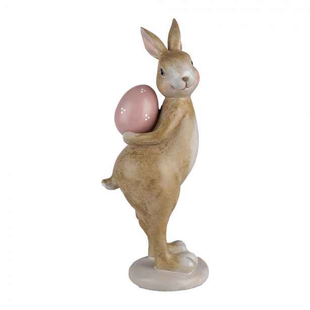 Dekorace hnědý králík s růžovým vajíčkem - 10*12*31 cm Clayre & Eef