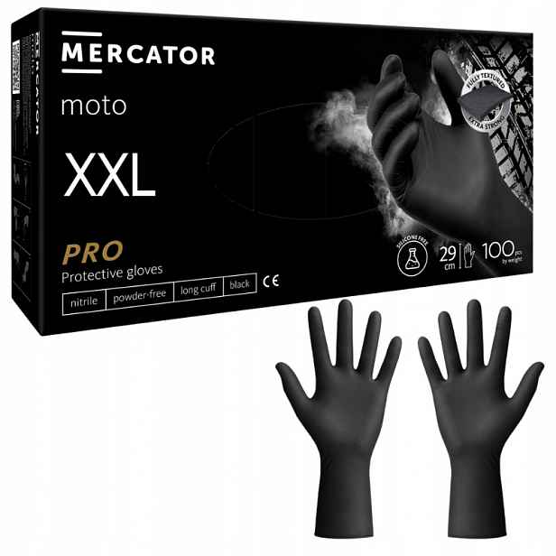 Dílenské rukavice Černé Mercator pro Moto Black odolné 100 ks XXL