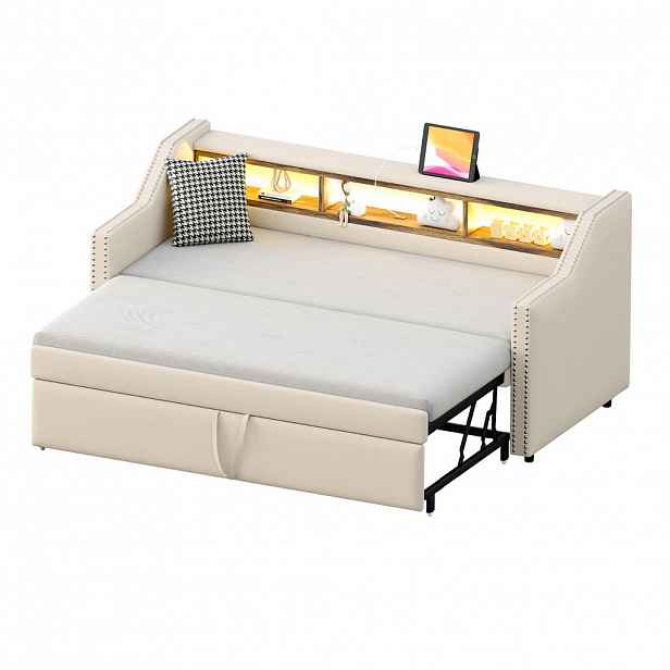 FLIEKS ČALOUNĚNÁ POSTEL 90/180x190cm Pohovka LED USB Béžová