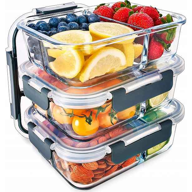 Skleněné nádoby Lunchbox 3 komory Sada 3 ks Zdravý oběd
