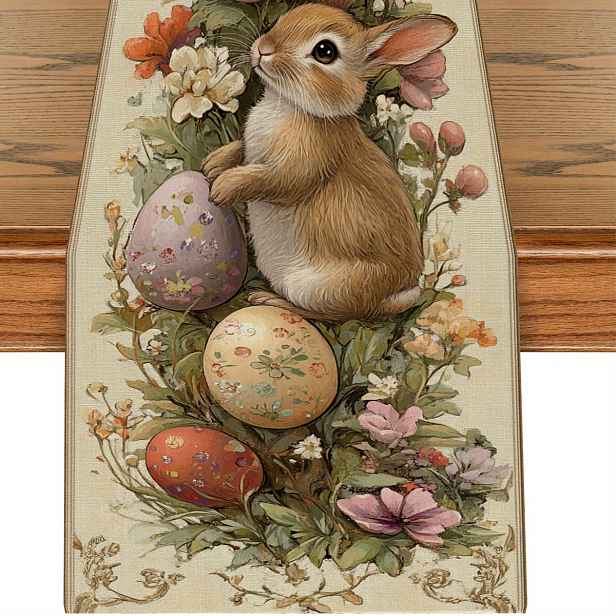 TEMU 1 ks, Polyesterový běhoun na stůl, Potištěný ubrus se dvěma králíky, Frangipani, Obvod motýla, Ilustrace v retro stylu, Vynikající dekorativní