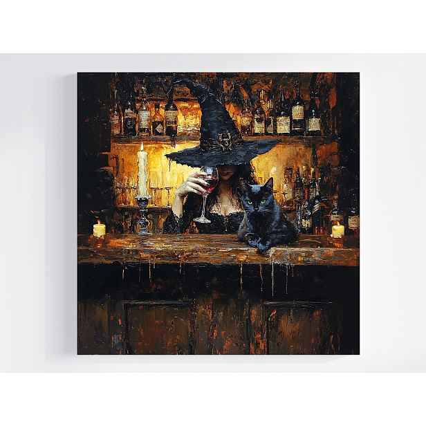 Obraz Na Plátně Canvas Portrét Čarodějnice Kočka Bar Víno 50x50