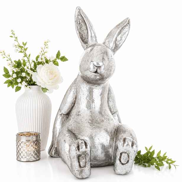Figurka králíka velkého stříbrného 39,5 cm velikonoční pro dům, zahradu
