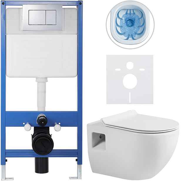 Kompletní WC set Profi/Dure - bílá lesklá - WC tlačítko Classic/Chrom - předstěnová instalace - 51x35 cm