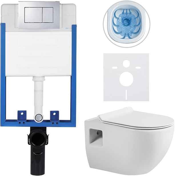 Kompletní WC set Profi/Dure - bílá lesklá - WC tlačítko Classic/Chrom - pro zazdění - 51x35 cm