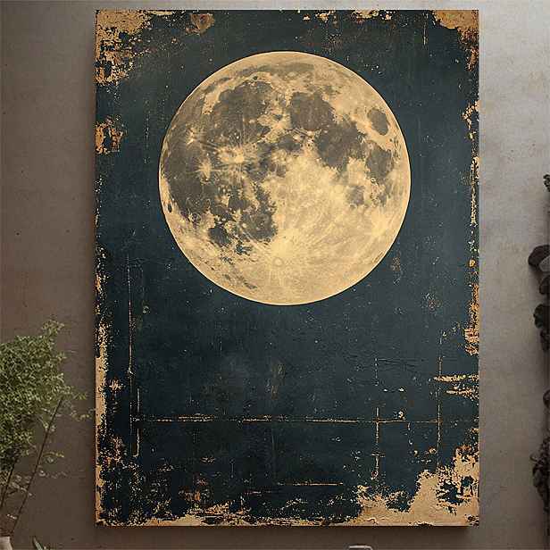 TEMU 2D plochý obraz, 2D plochý obraz, 1 ks 30,48 x 40,64 cm Vintage plný měsíc plátno nástěnné umění - Rustikální nebeská astronomická dekorace s
