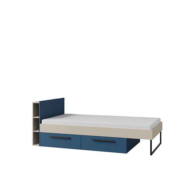 Dětská postel 90x200 cm se zásuvkami a regálem (Lorin 11 kašmír/modrá)