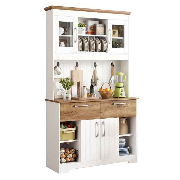 EVRYAE BUFFET s vitrínovými přihrádkami a věšákovou lištou,se zásuvkami do kuchyně jídelny Bílá přírodní 106 cm