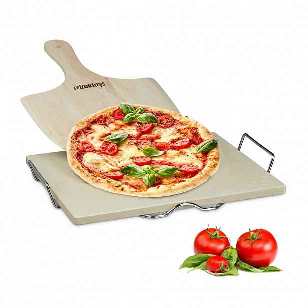 Relaxdays PIZZAKÁMEN-SET Přírodní 3-dílný kordierit 38x30 cm s dřevěnou lopatkou