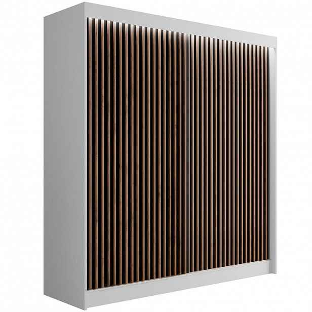 ALTDECOR ŠATNÍ SKŘÍŇ s LED, lamelové posuvné dveře VILANv2 – 200 cm bílá + lamely dub wotan