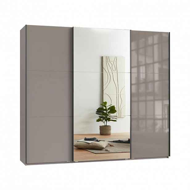 luma-home SKŘÍŇ S POSUVNÝMI DVEŘMI, 3dveřová, 250 × 216 × 65 cm (Š×V×H), v pískově šedé barvě se skleněnou přední stranou, s jedněmi zrcadlovými dveřm