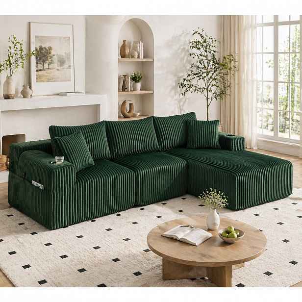 OKWISH MODULÁRNÍ pohovka 257/90-160/62 cm zelená z manšestru s kapsami, držáky na nápoje a 5 polštáři