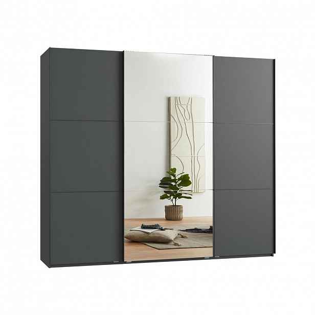 luma-home SKŘÍŇ S POSUVNÝMI DVEŘMI, 3dveřová, 250 × 216 × 65 cm (Š×V×H), v antracitové barvě, s jedněmi zrcadlovými dveřmi, včetně kompletního vybaven