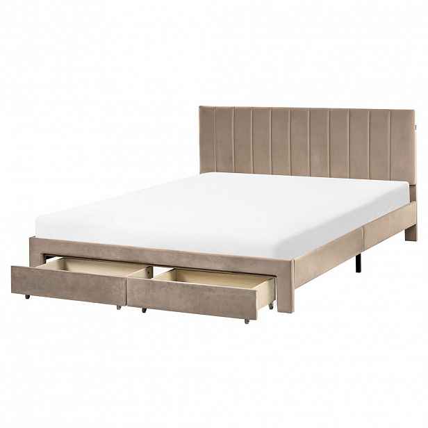 Beliani POSTEL s zásuvkami 160/200 cm Sametová látka Taupe Lonzac