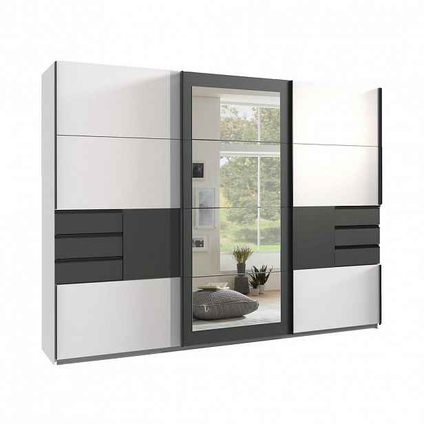 luma-home SKŘÍŇ S POSUVNÝMI DVEŘMI, 3dveřová, 270 × 208 × 64 cm (Š×V×H), bílá s grafitovými akcenty, zrcadlem a zásuvkami, včetně kompletního vybavení