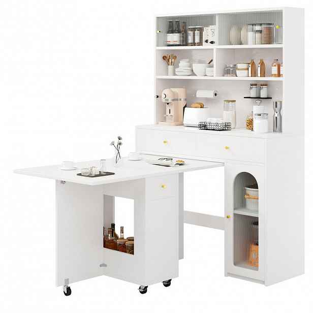 OKWISH KUCHYŇSKÁ skříň 120/45/180 cm bílá z MDF s klopným jídelním stolem a úložným prostorem