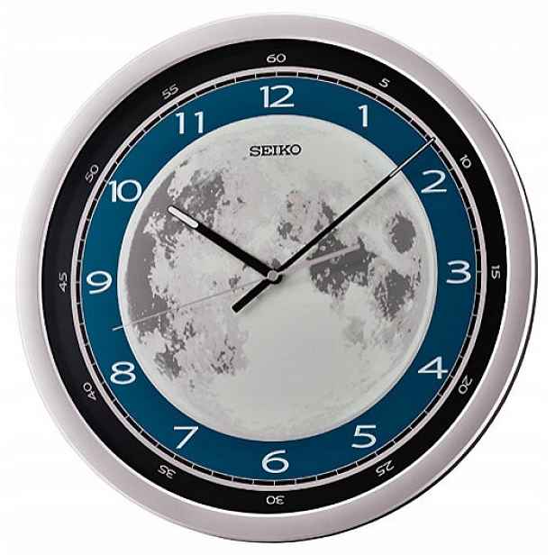 Stříbrný Kulatý Japonský Hodinový Stroj Seiko Měsíc QXA831S 40 cm Svítící Ciferník