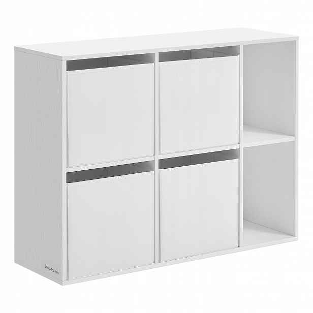 Bílý regál na knihy se 4 krabičkami 62x83x27 cm, 6 polic, dřevěný otevřený