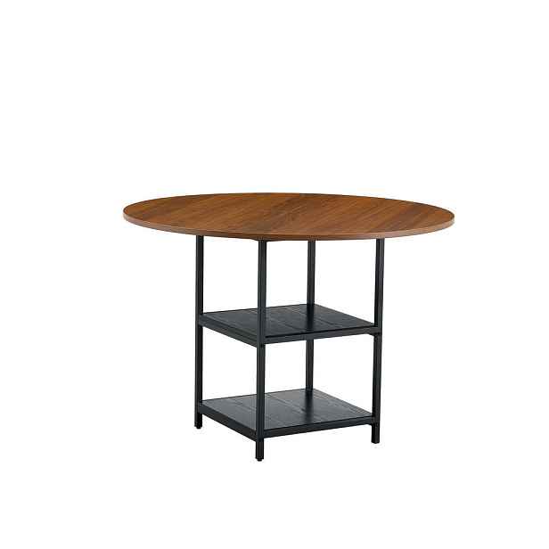 EVRYAE JÍDELNÍ STŮL Moderní kulatý jídelní stůl 107 cm s odkládací plochou, kovová konstrukce, vzhled ořechu, dřevěný materiál/kov
