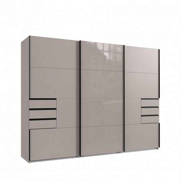 luma-home SKŘÍŇ S POSUVNÝMI DVEŘMI, 3dveřová, šířka 270 cm, výška 208 cm, hloubka 64 cm, pískově šedá, prostřední dveře skleněné, se zásuvkami / 22614