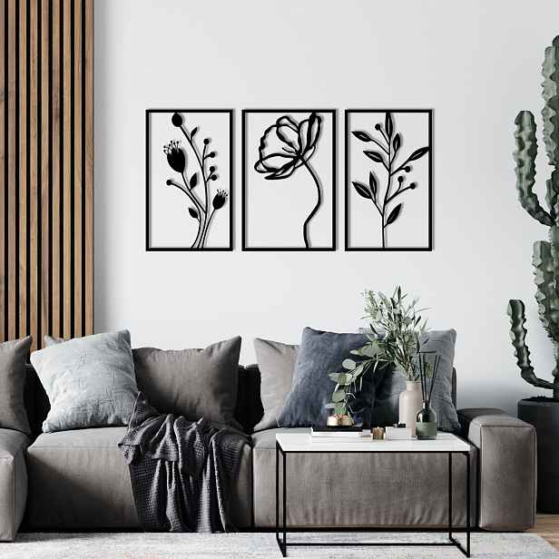 Wallity Nástěnná kovová dekorace Flowers černá
