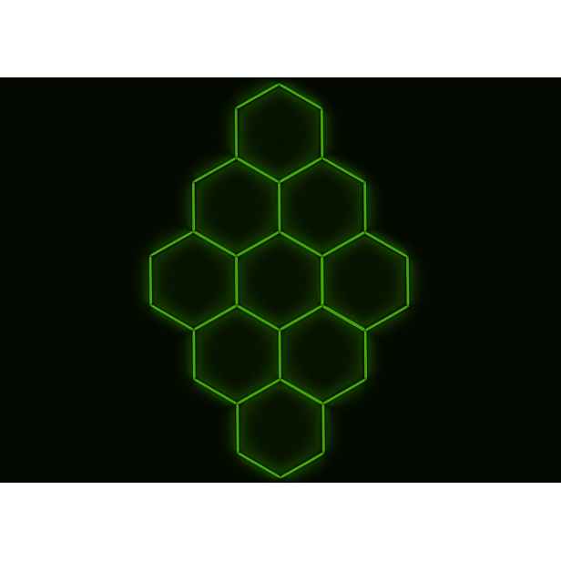 Kompletní Led hexagonové svítidlo zelené, rozměr 9 elementů 246 x 386 cm