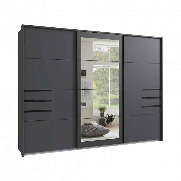 luma-home SKŘÍŇ S POSUVNÝMI DVEŘMI, 3dveřová, 273 × 213 × 64 cm (Š×V×H), v grafitové barvě, s paspartou, zrcadlem a zásuvkami / 22504