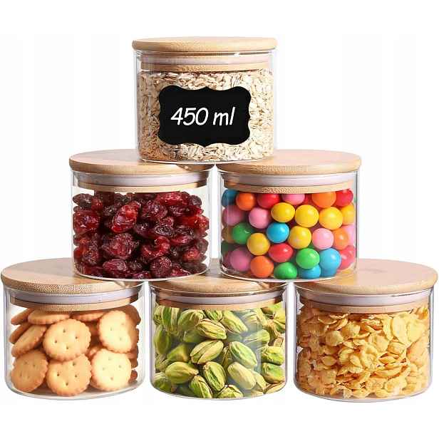Set 6x Skleněná Zavařovací Sklenice Bambusová Nádoba Víko 450 ml