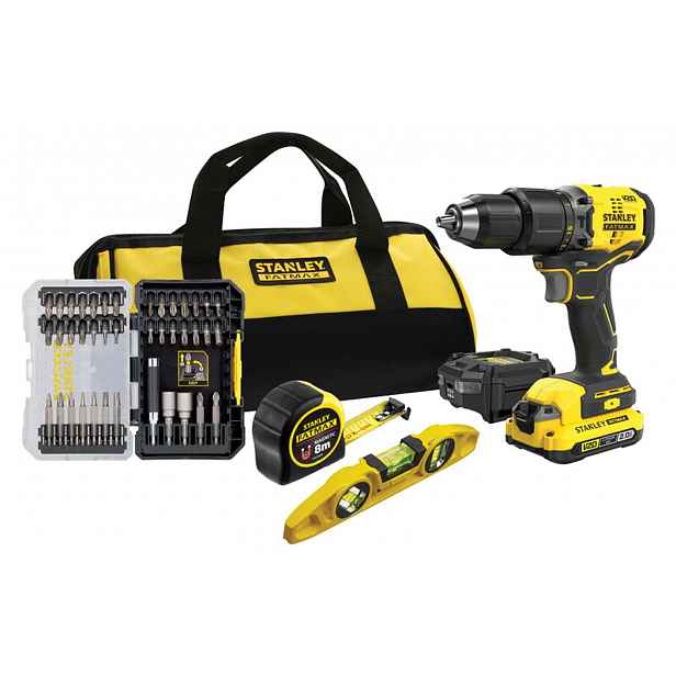 Stanley - 18V AKU vrtačka s příklepem a příslušenstvím, 1x aku 2,0 Ah Li-Ion, nabíječka SFMCK101D1S-QW