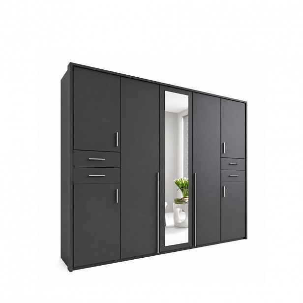 luma-home SKŘÍŇ S OTOČNÝMI DVEŘMI Š228/V210/H58 cm, v grafitové barvě, s paspartou, 1 zrcadlovými dveřmi a zásuvkami / 22571