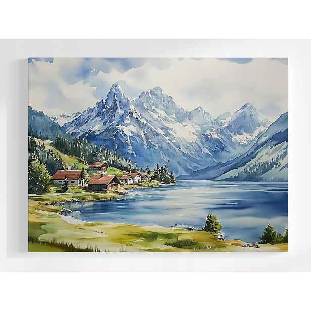 Plakát Krajina Hory Vrcholy Alpy Jezero Domy Vesnice 100x75