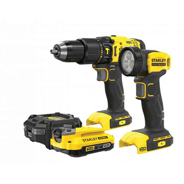 Stanley - 18V AKU sada příklepové vrtačky a LED svítilny, 1x aku 2,0 Ah Li-Ion, nabíječka SFMCK210D1-QW