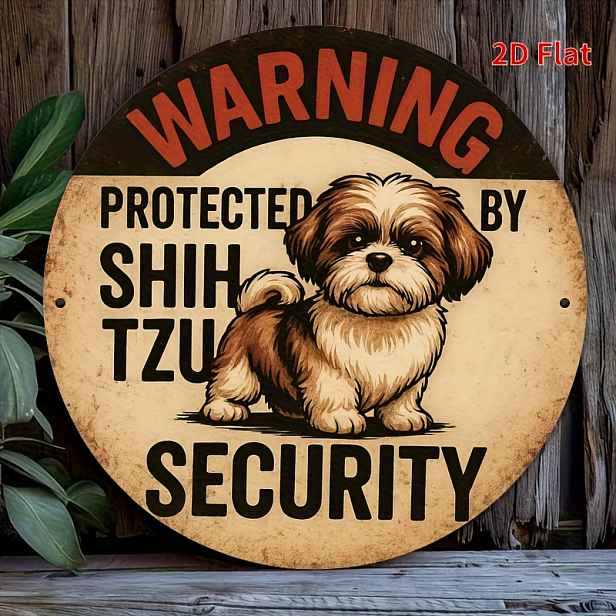 TEMU 2D Plochý, Plochý 2D Tištěný Varovný Pes Stráž - Kovový Design Značky s Textem "Chráněno Bezpečností Shih Tzu", 7,8x7,8 Palců, pro Domov,