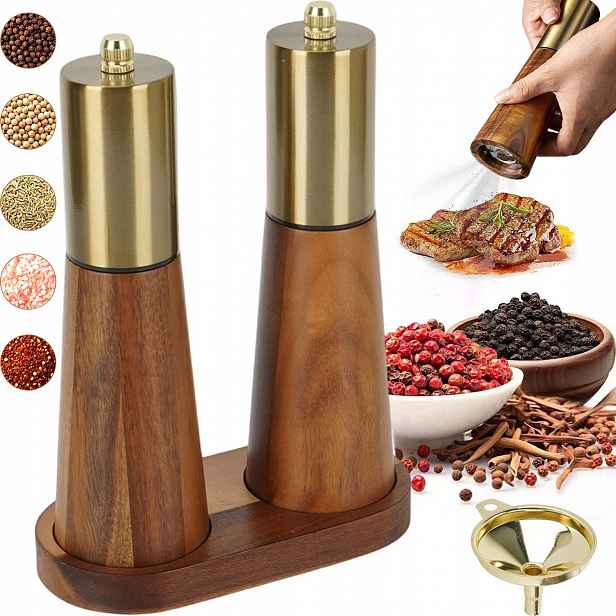 Mlýnek Na Pepř A Koření Ruční, Dřevěný, Sada 2 Kusů, Nastavitelný