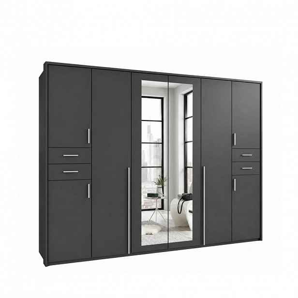 luma-home SKŘÍŇ S OTOČNÝMI DVEŘMI Š273/V210/H58 cm, v barvě grafit, s paspartou, 2 zrcadlovými dveřmi a zásuvkami, úchytky v barvě hliníku / 22577