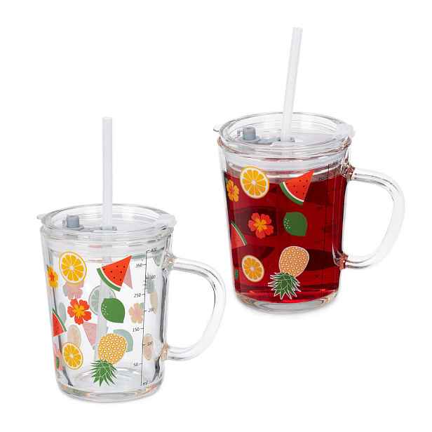 Relaxdays SKLENICE Transparentní 2dílný-set s víčkem a brčkem 400 ml