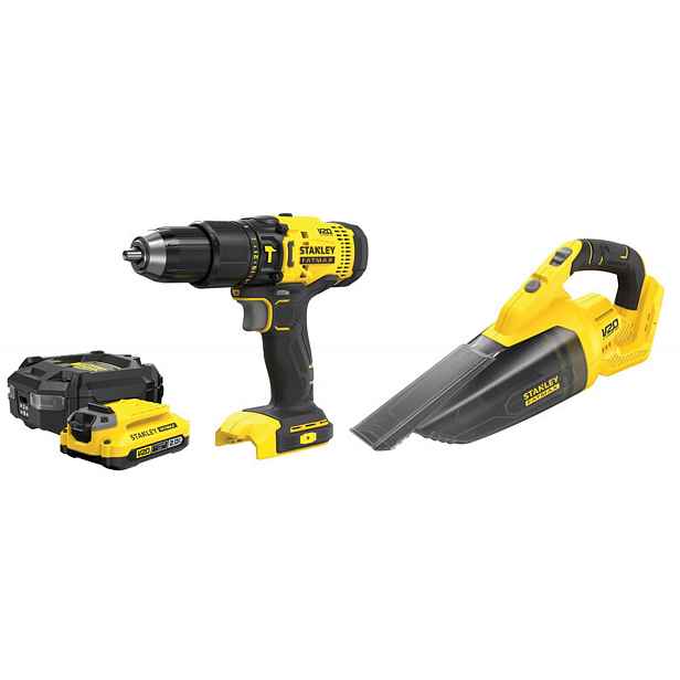 Stanley - 18V AKU sada příklepové vrtačky a ručního vysavače, 1x aku 2,0 Ah Li-Ion, nabíječka SFMCK219D1-QW