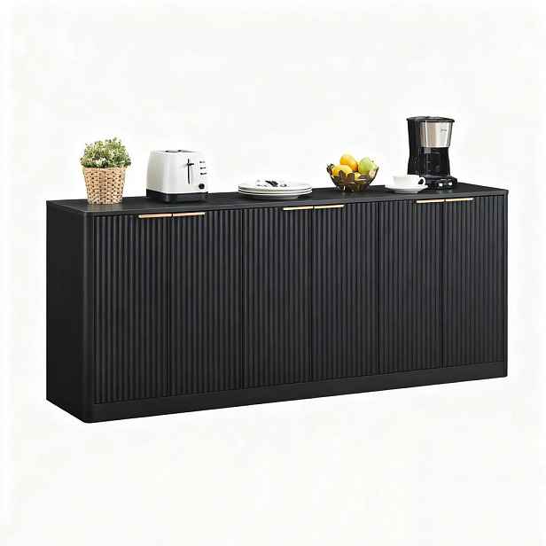 EVRYAE SIDEBOARD Vlnité čelo, 6 dvířek, velký úložný prostor, TV nábytek, obývací pokoj Černá 170 40 70,5 cm