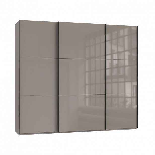 luma-home SKŘÍŇ S POSUVNÝMI DVEŘMI, 3dveřová, 250 × 216 × 65 cm (Š×V×H), v pískově šedé barvě se skleněnými čely, včetně kompletního vybavení / 22031