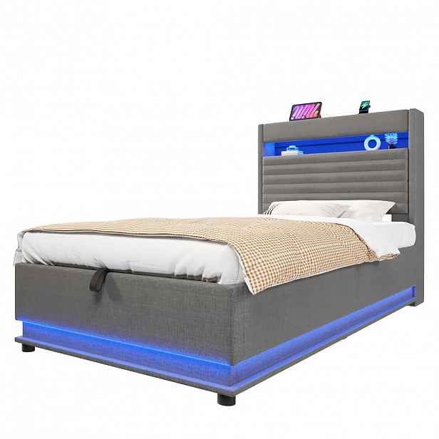 FLIEKS ČALOUNĚNÁ POSTEL 90x200cm Úložná LED USB-C Len Šedá