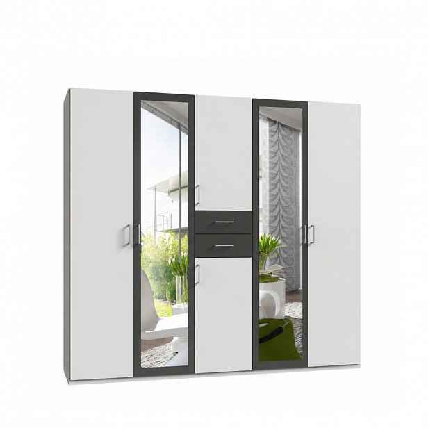 luma-home SKŘÍŇ S OTOČNÝMI DVEŘMI Š225/V208/H58 cm, bílá s grafitovými akcenty, se 2 zrcadlovými dveřmi a zásuvkami / 22590