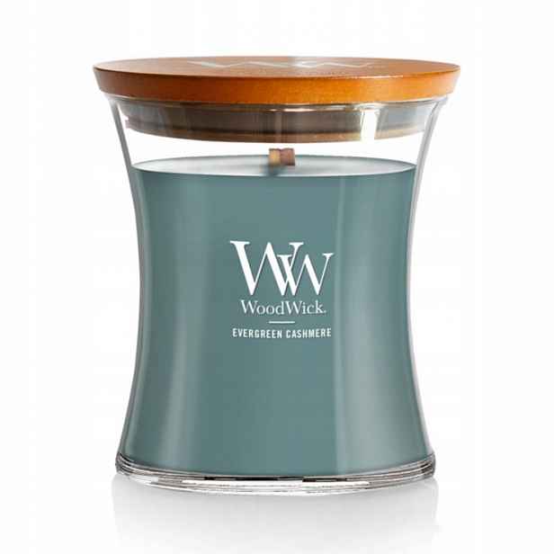 Evergreen Cashmere – Woodwick – střední svíčka s dřevěným knotem